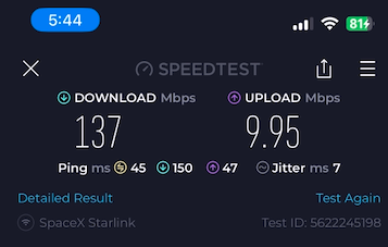 Speed test result (Alt text: Speed test result for Starlink)